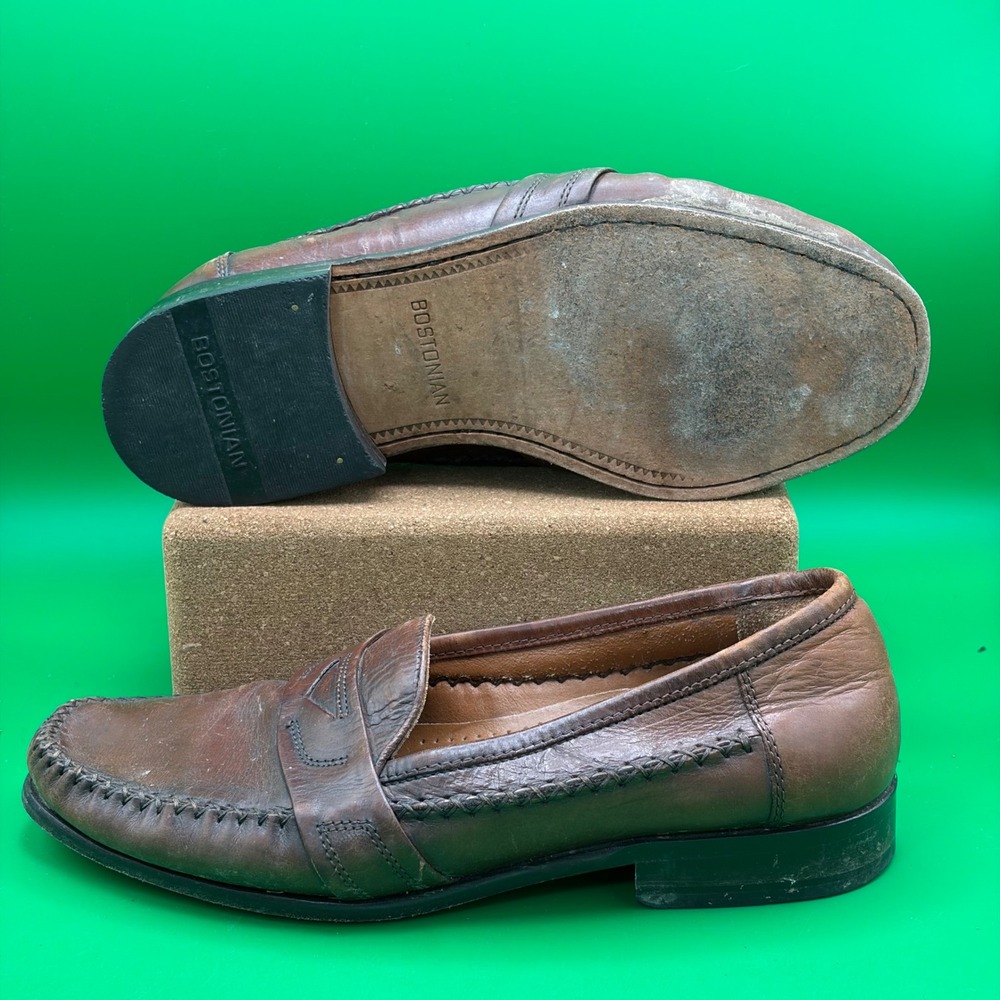 Bostonian Penny Loafers Mens 9W Brown Leather Whipstitch Slip-On Wide Dress Shoe